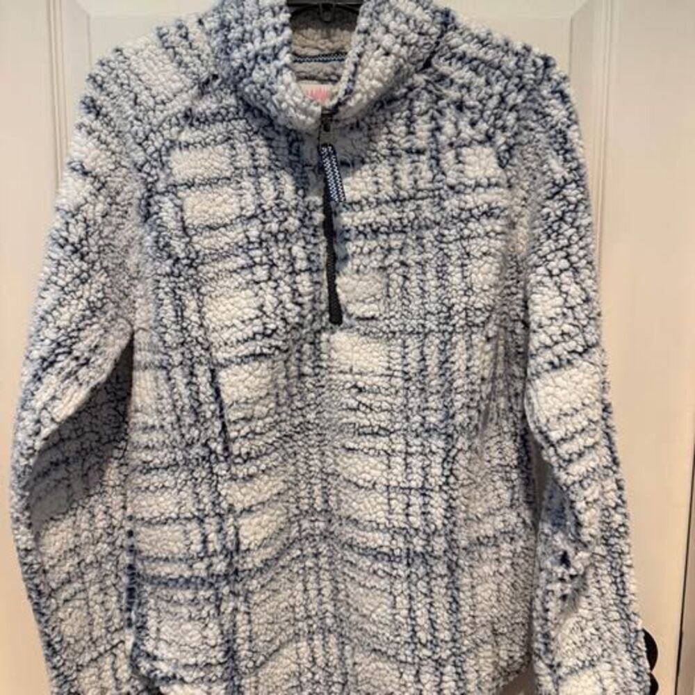 Cozy Sherpa Blue and White Plaid Quarter-Zip Pullover, Size M